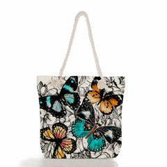 Linen Women Tote Bag Floral Butterfly Print Handbag High Capacity Eco Reusable