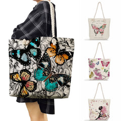 Linen Women Tote Bag Floral Butterfly Print Summer Travel Beach Bags