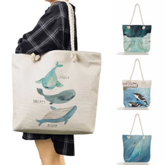 Linen Women Tote Whale Girl Printed Handbags Eco Shopping Bag Sea Series