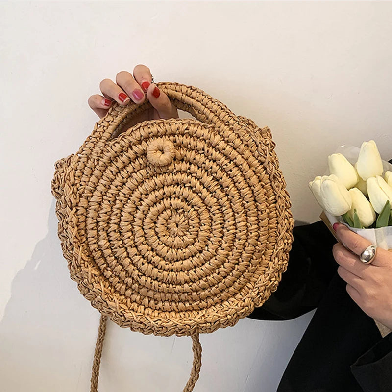 Summer Crossbody Bag Rattan Handbag Straw Round Beach Shoulder Bag