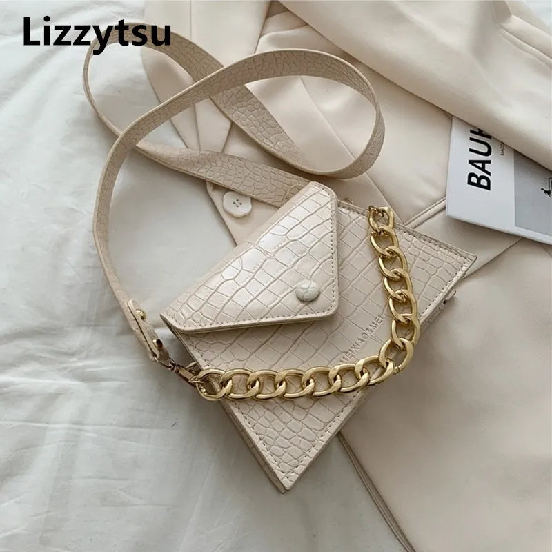 Beige Crossbody Shoulder Bag with Chain Casual PU Handbags