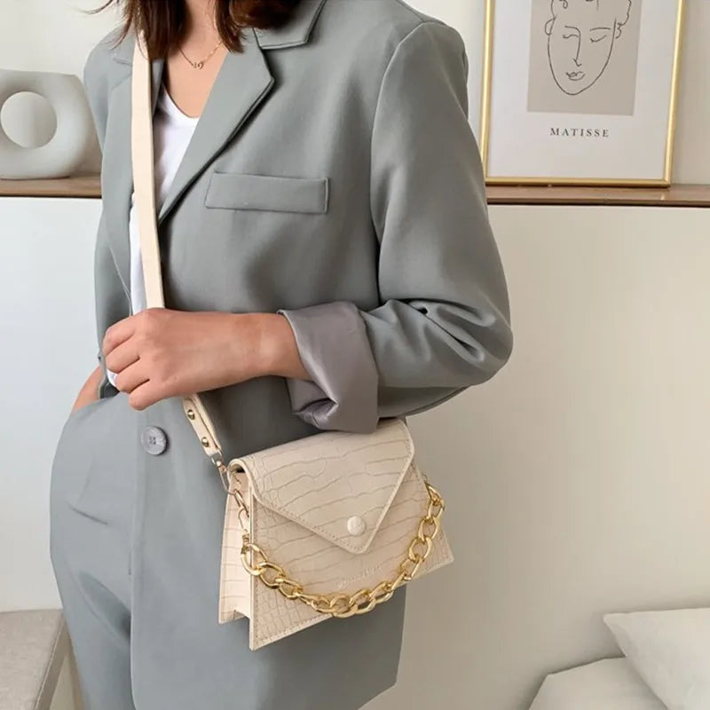 Beige Crossbody Shoulder Bag with Chain Casual PU Handbags