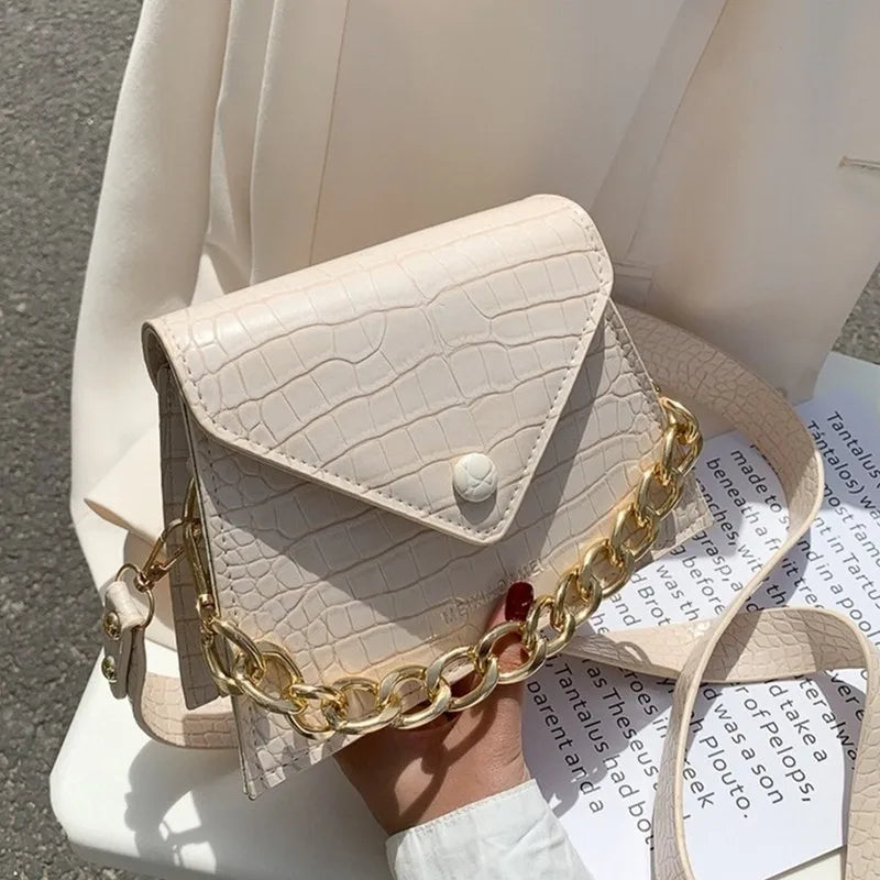 Beige Crossbody Shoulder Bag with Chain Casual PU Handbags