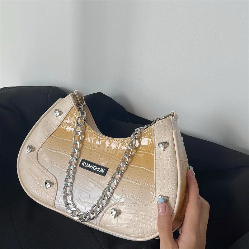 Gradient Chain Shoulder Bag Crocodile Pattern Messenger Y2k Hot Girls Underarm