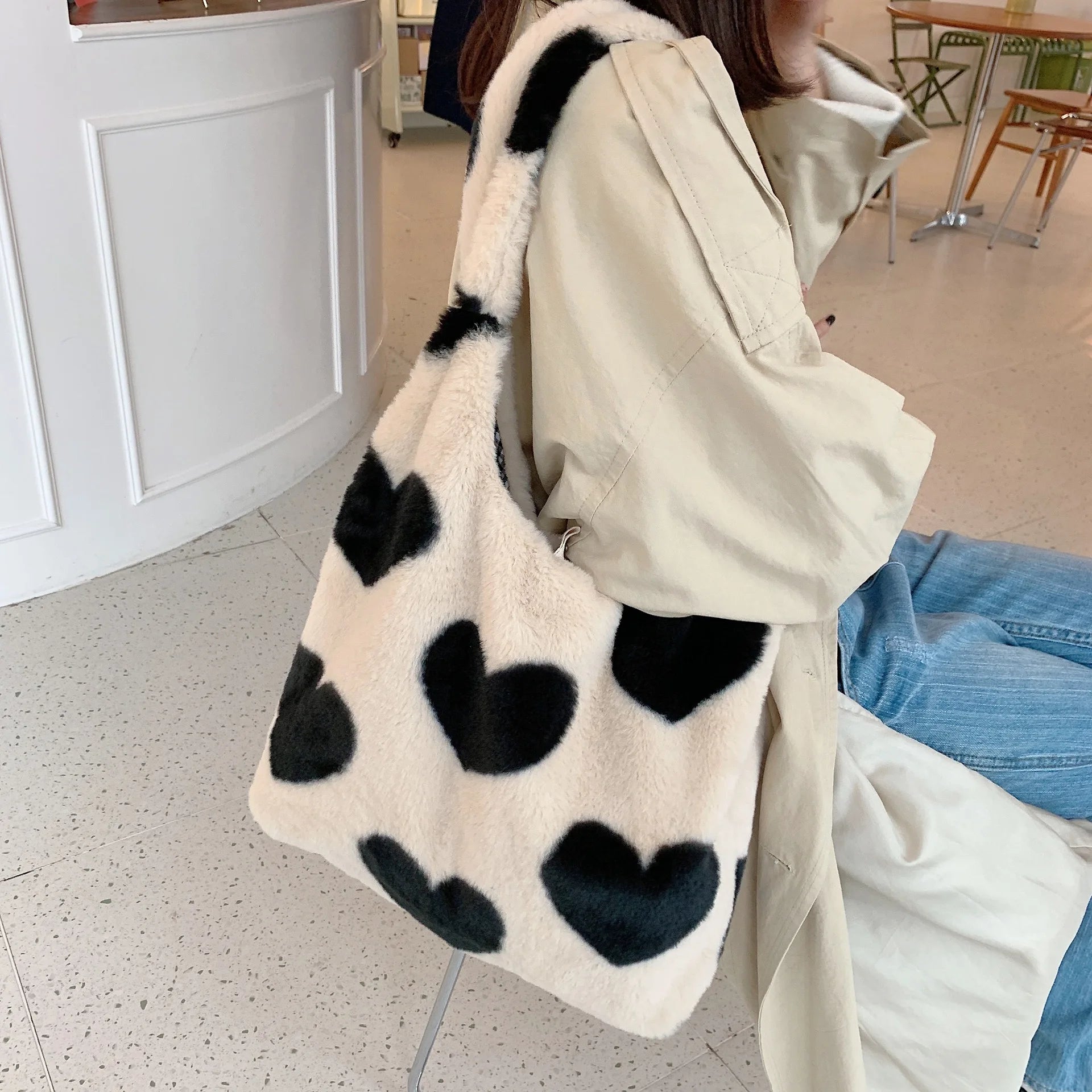 Love Heart Women's Plush Shoulder Bag Winter Ladies Faux Fur Handbag