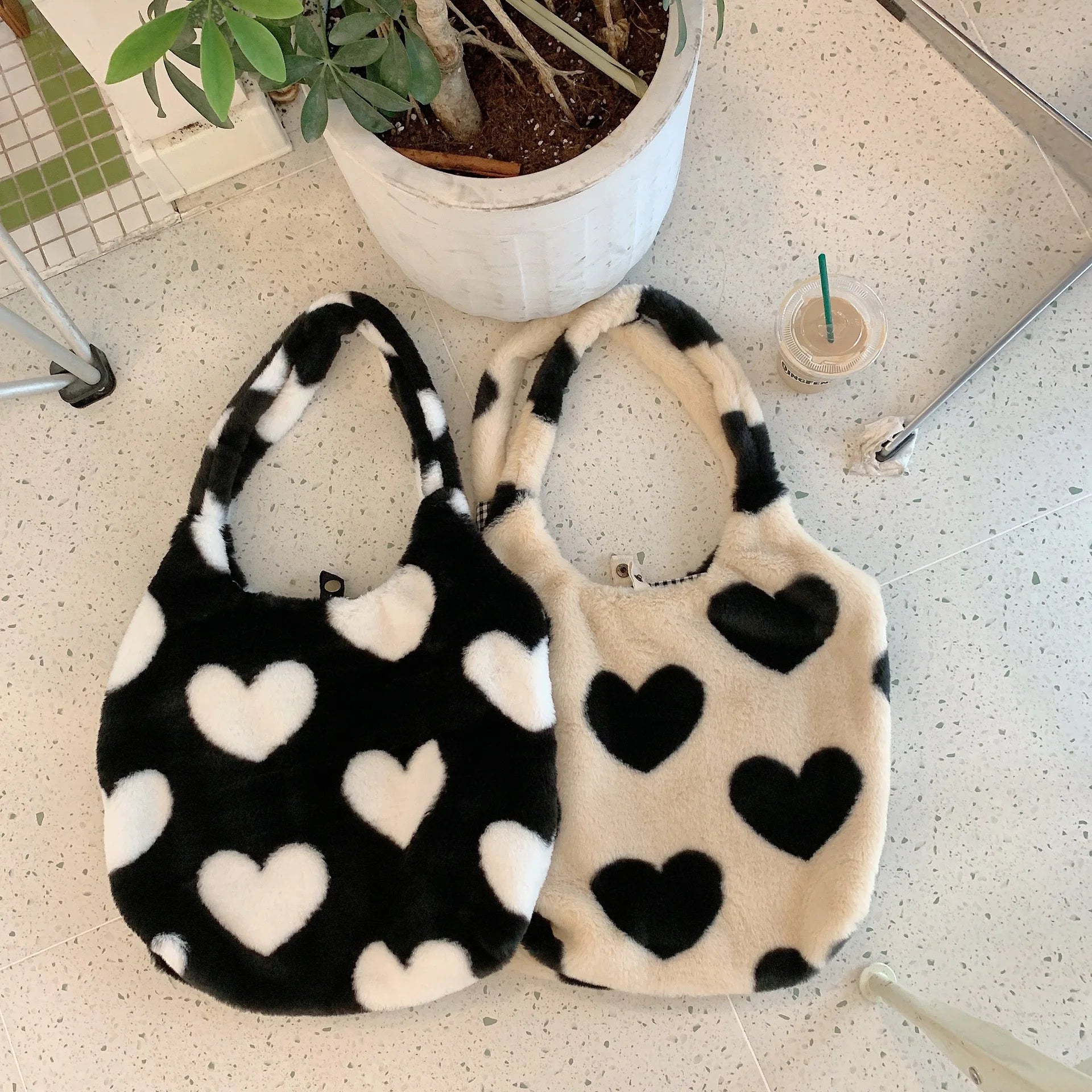 Love Heart Women's Plush Shoulder Bag Winter Ladies Faux Fur Handbag