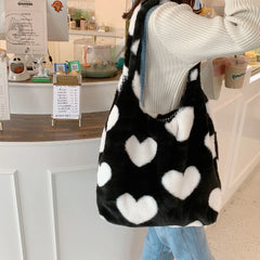 Love Heart Women's Plush Shoulder Bag Winter Ladies Faux Fur Handbag