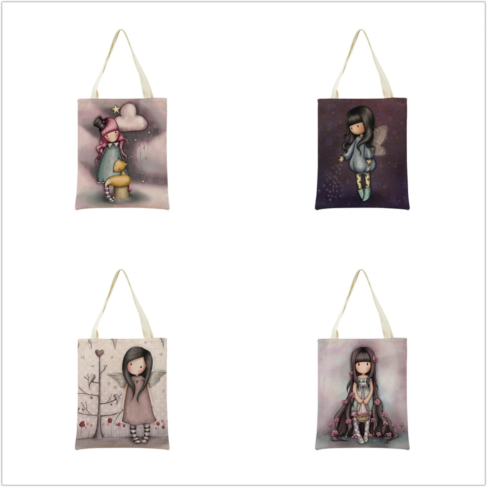 Cute Girl Double Side Print Foldable Shopping Bag Eco-friendly Book Handbag