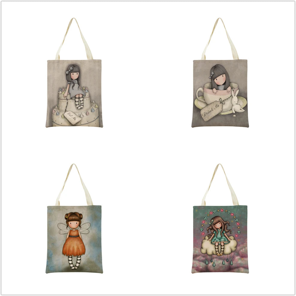 Cute Girl Double Side Print Foldable Shopping Bag Eco-friendly Book Handbag