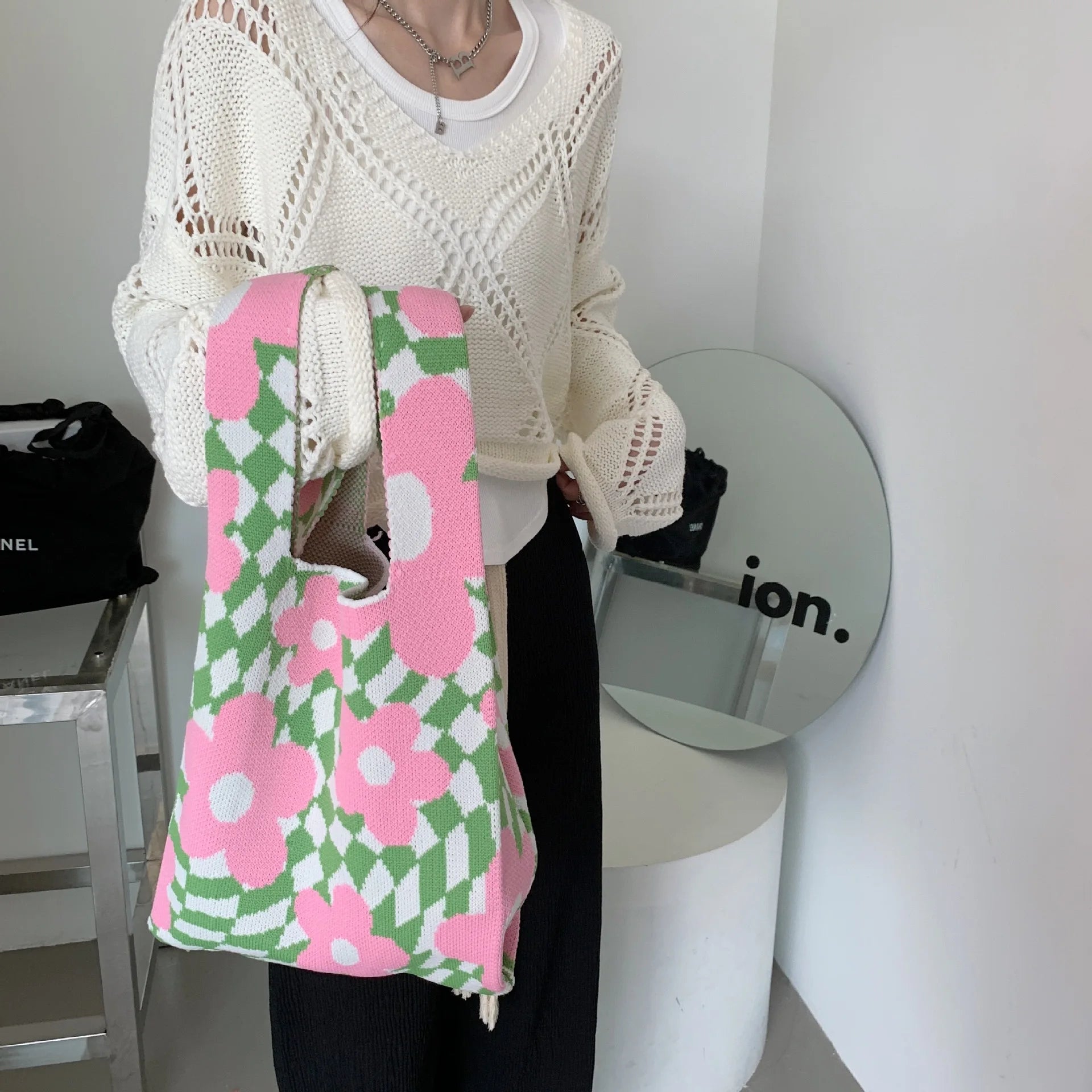 Women's Winter Knitted Handbags Matching Flower Purse Tote Bag