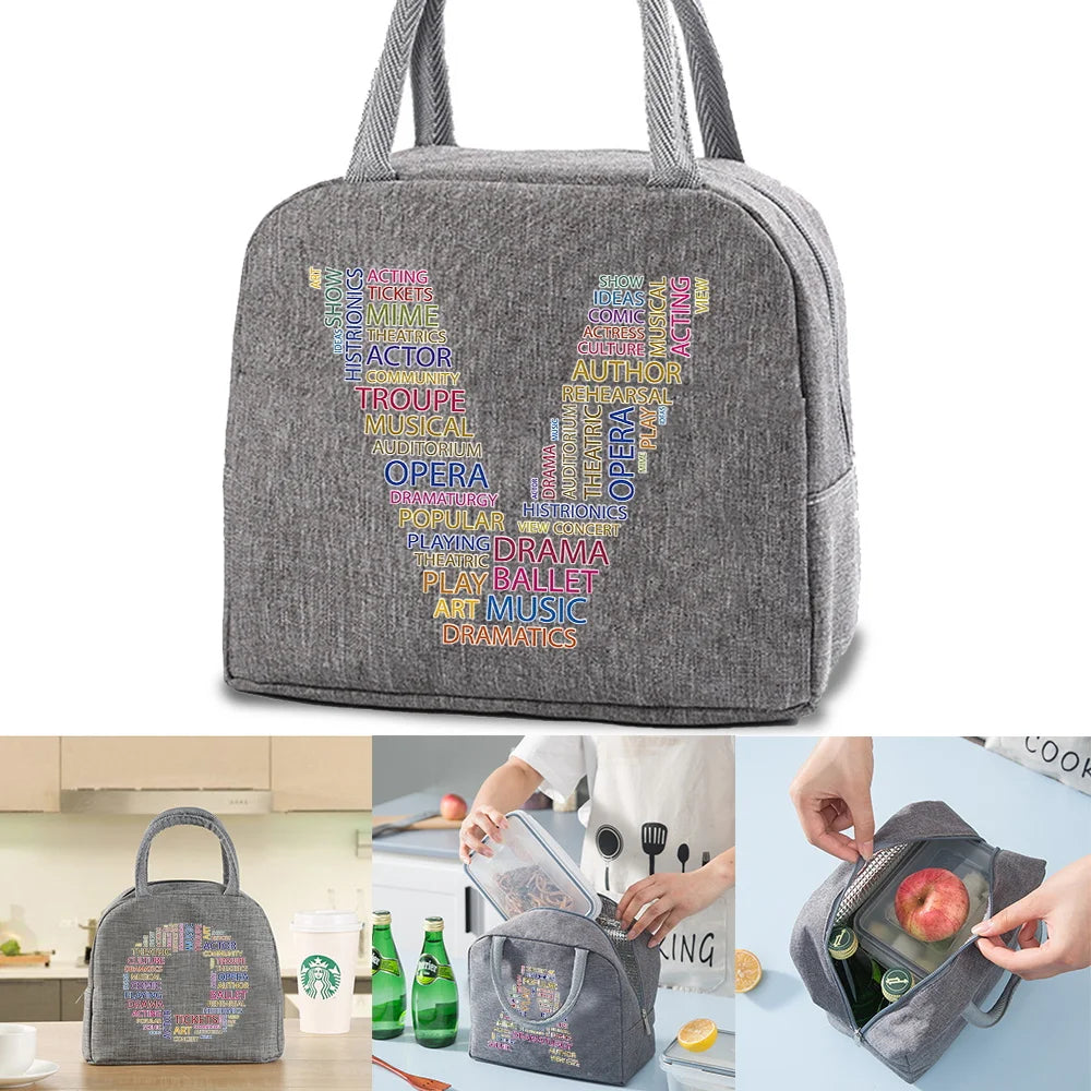 Insulated Lunch Bag Cooler for Women Text Print Handbag