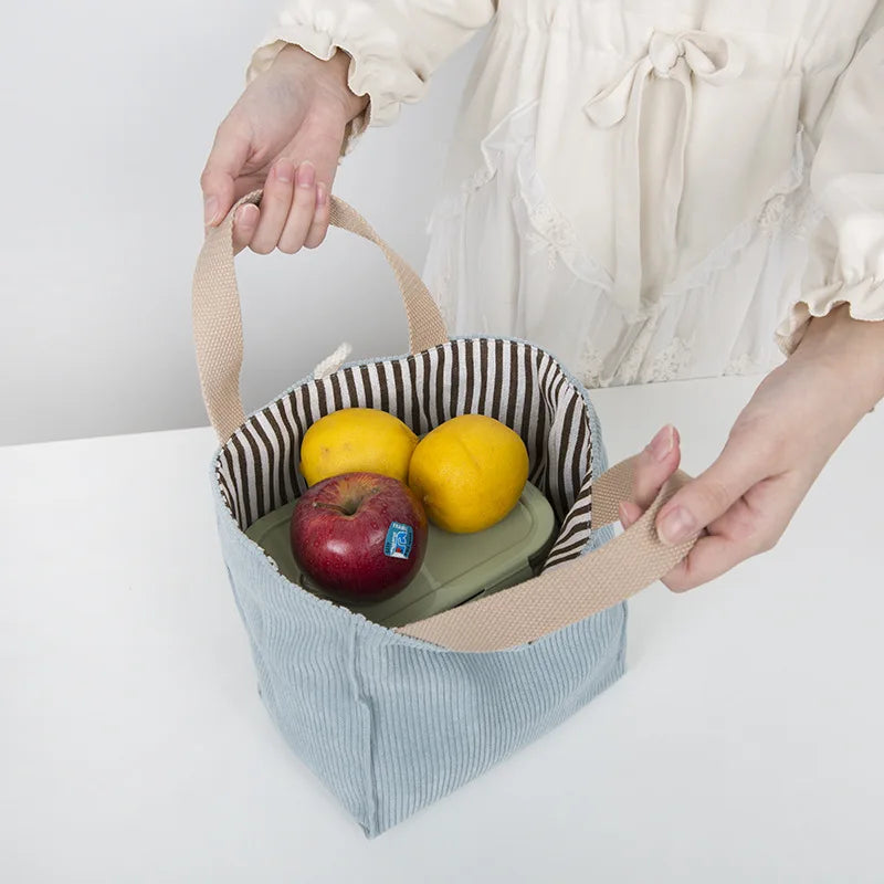 Corduroy Canvas Lunch Bag Picnic Tote Cotton Cloth Handbag