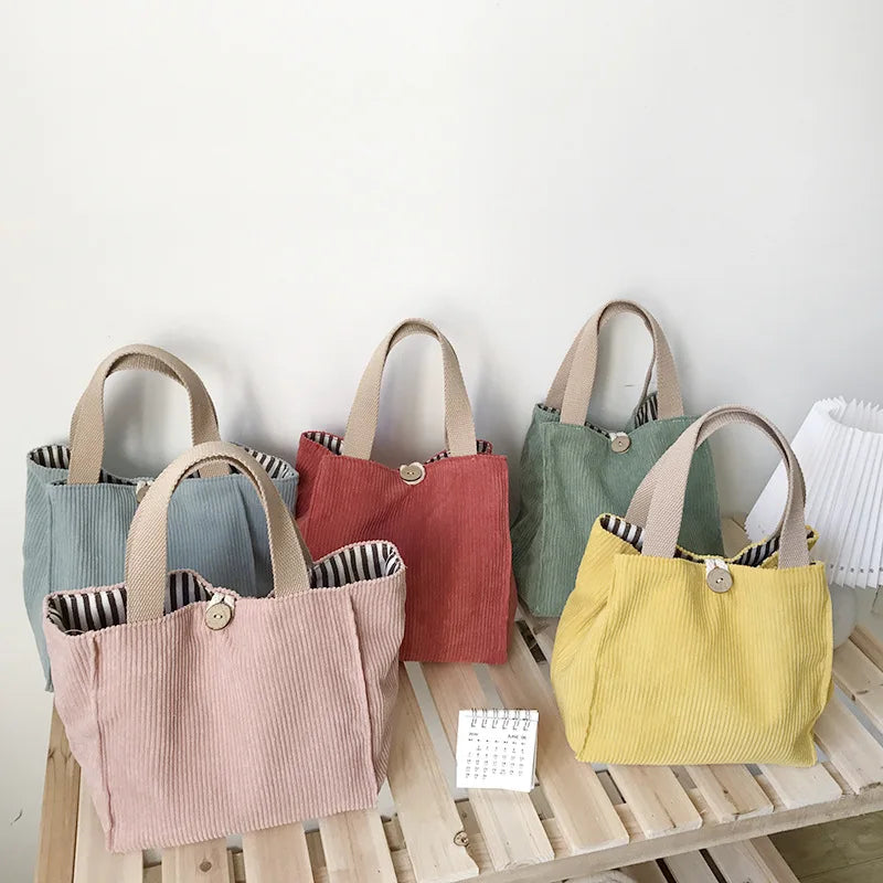 Corduroy Canvas Lunch Bag Picnic Tote Cotton Cloth Handbag