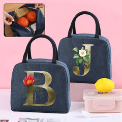 Golden Flower Insulated Lunch Bag Organizer Thermal Handbag