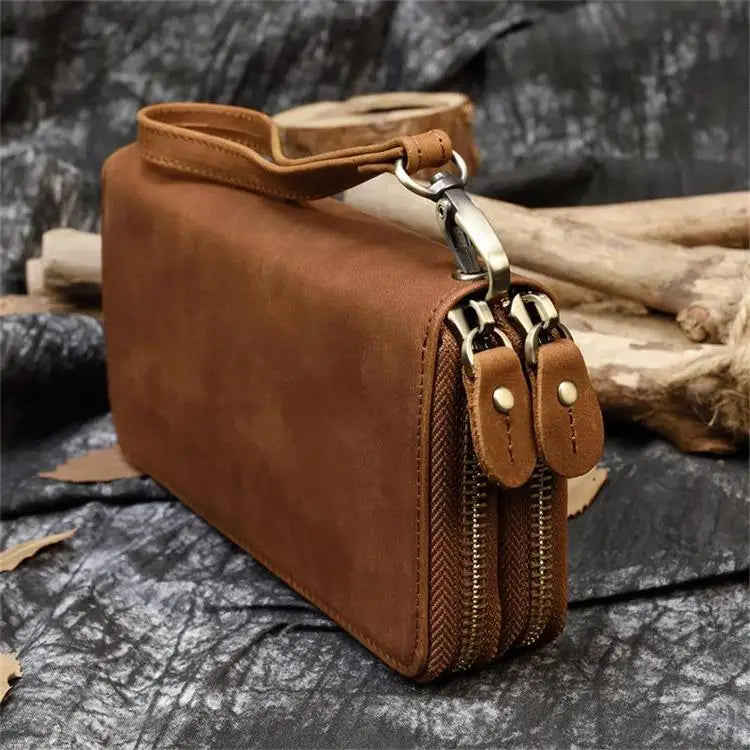 Double Zipper Cowskin Long Wallet with Wrist Belt