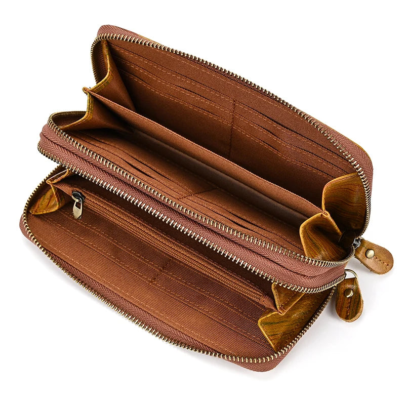 Double Zipper Cowskin Long Wallet with Wrist Belt