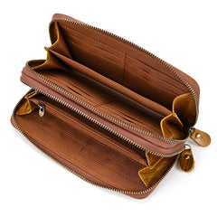 Double Zipper Cowskin Long Wallet with Wrist Belt