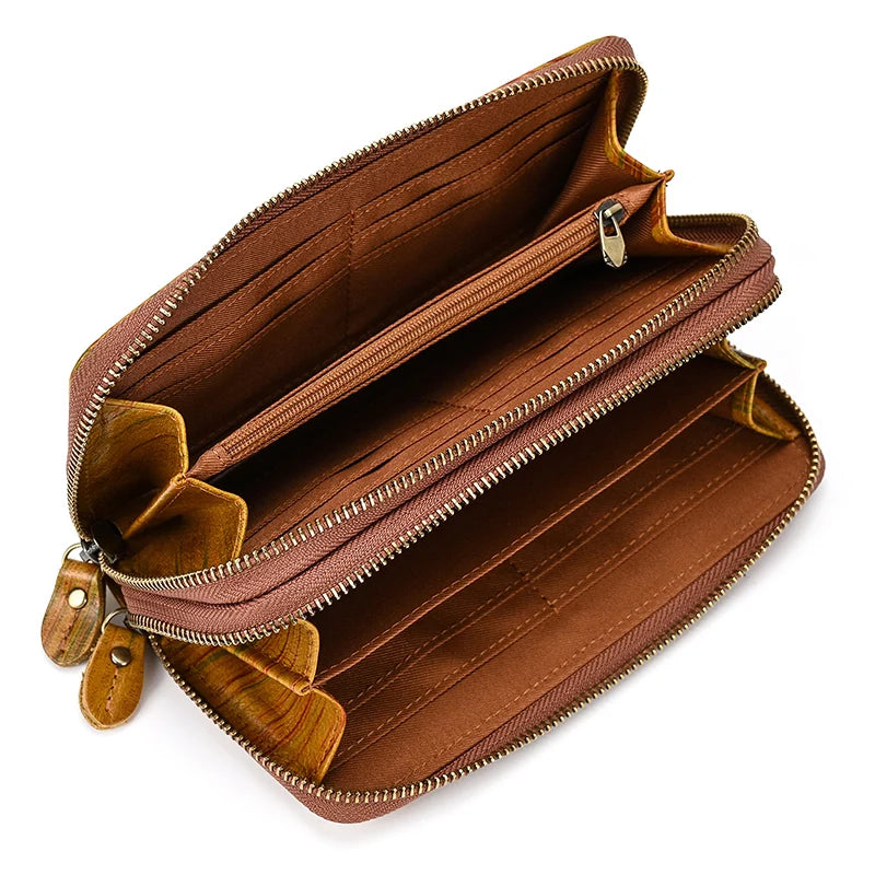 Double Zipper Cowskin Long Wallet with Wrist Belt