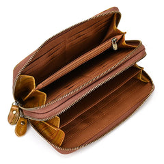 Double Zipper Cowskin Long Wallet with Wrist Belt