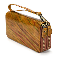 Double Zipper Cowskin Long Wallet with Wrist Belt