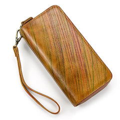 Double Zipper Cowskin Long Wallet with Wrist Belt