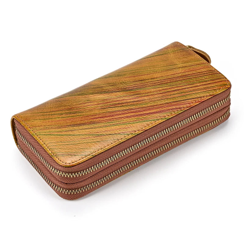 Double Zipper Cowskin Long Wallet with Wrist Belt