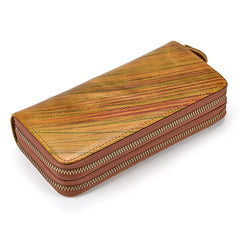 Double Zipper Cowskin Long Wallet with Wrist Belt