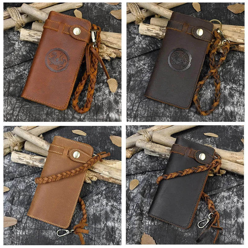Vintage Leather Wallet Clutch Bag with Braided Strap for Women Men