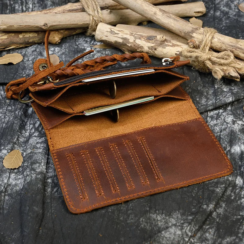 Vintage Leather Wallet Clutch Bag with Braided Strap for Women Men