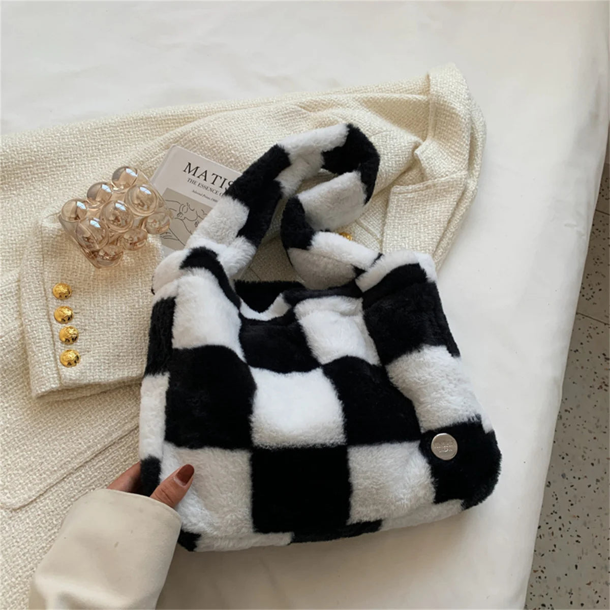 Winter Checkerboard Pattern Fur Tote Shoulder Handbag