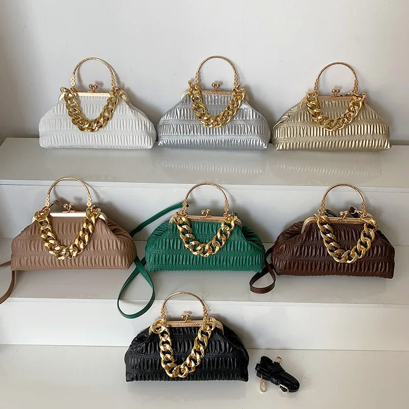 Thick Chain Shoulder Bag Metal Top-Handle Crossbody Tote