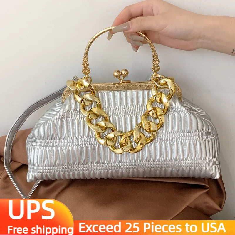 Thick Chain Shoulder Bag Metal Top-Handle Crossbody Tote
