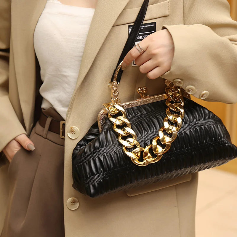 Thick Chain Shoulder Bag Metal Top-Handle Crossbody Tote