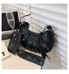Rivet Half Moon Hobo Bag With Mini Purse - Punk Style Satchel Handbag