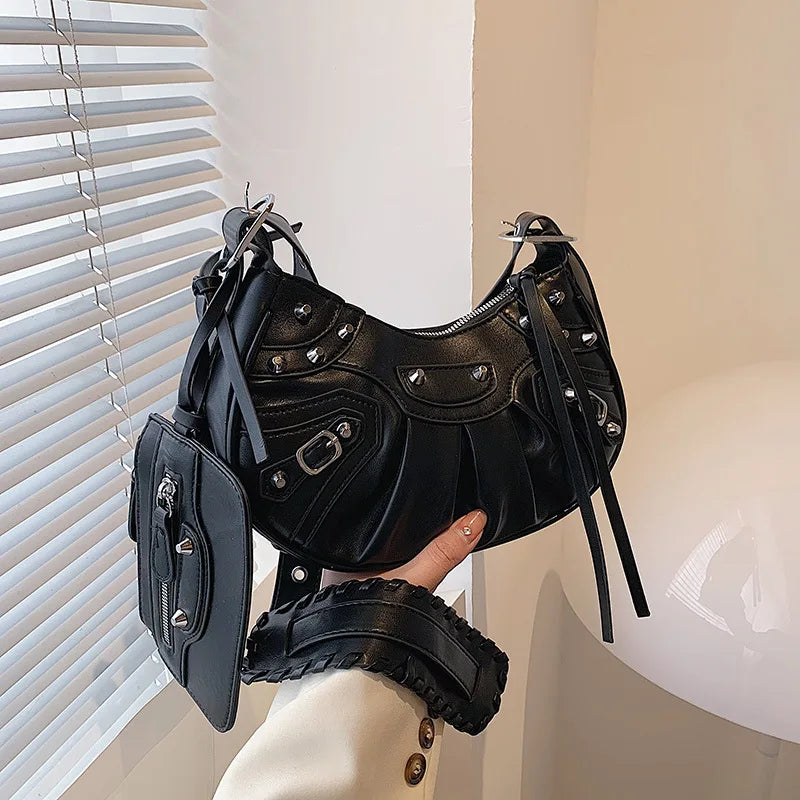 Rivet Half Moon Hobo Bag With Mini Purse - Punk Style Satchel Handbag