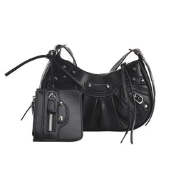Rivet Half Moon Hobo Bag With Mini Purse - Punk Style Satchel Handbag