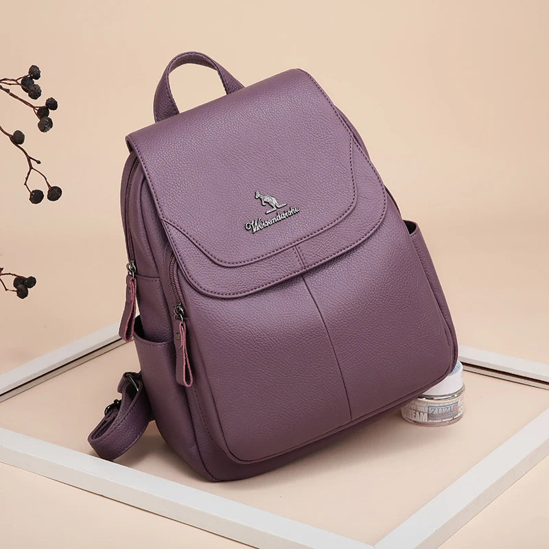 Women Leather School Backpack High Capacity Travel Bag