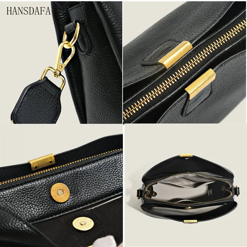Cow Leather Women Shoulder Crossbody Bag 3 Layer Ladies Small Bucket Handbag