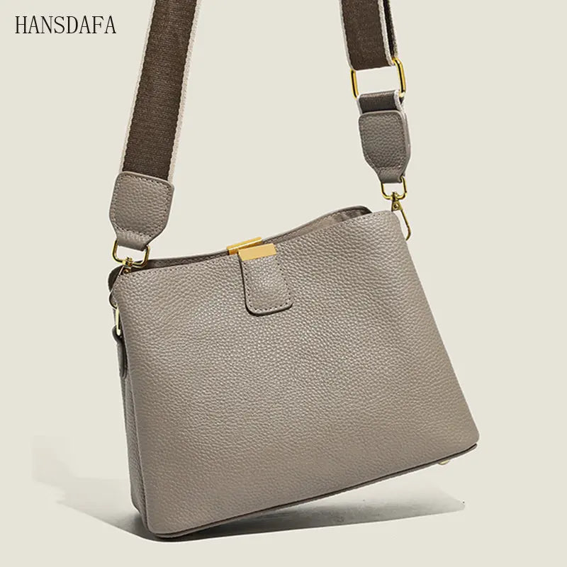 Cow Leather Women Shoulder Crossbody Bag 3 Layer Ladies Small Bucket Handbag
