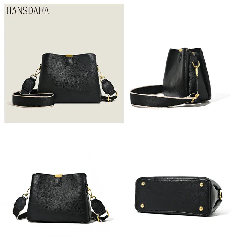 Cow Leather Women Shoulder Crossbody Bag 3 Layer Ladies Small Bucket Handbag