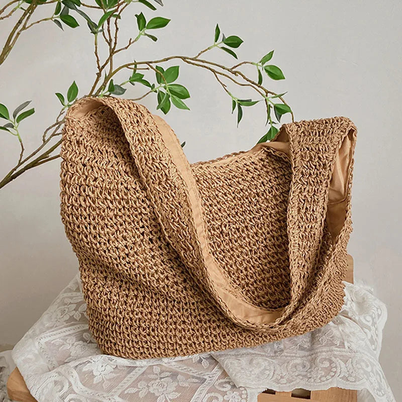 Women Daily Shopper Handbags Straw Weave Shoulder Bags