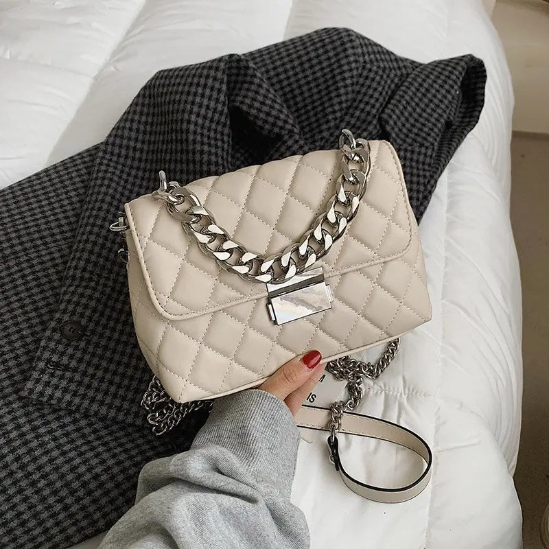 Women's Silver Chain Small Flap Crossbody Bag Winter Shoulder Handbags