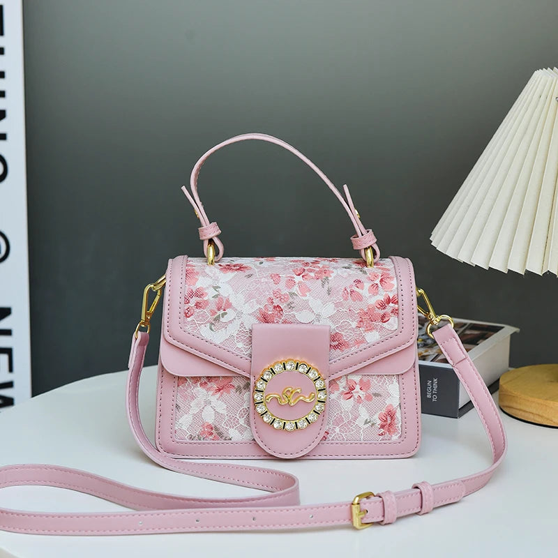 Lace Print Leather Crossbody Bag for Women