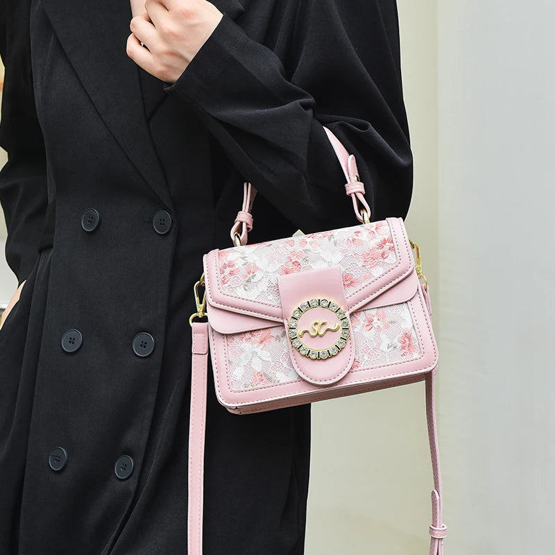 Lace Print Leather Crossbody Bag for Women