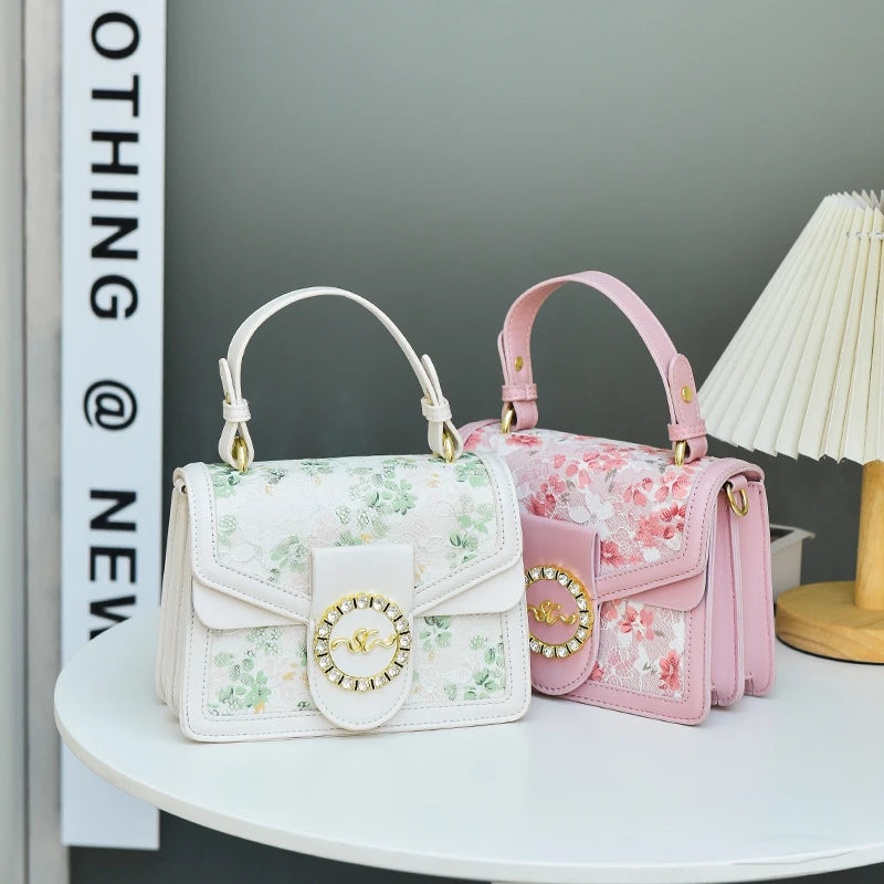 Lace Print Leather Crossbody Bag for Women