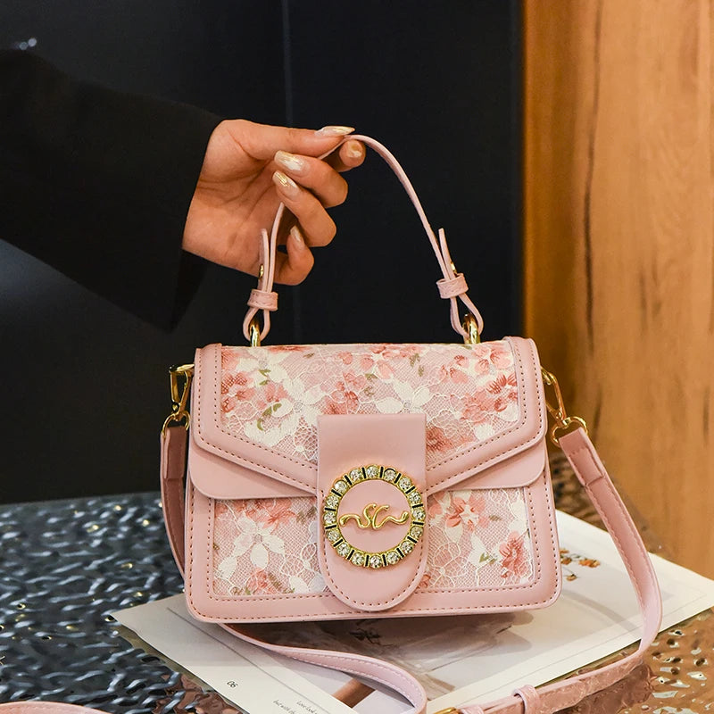 Lace Print Leather Crossbody Bag for Women