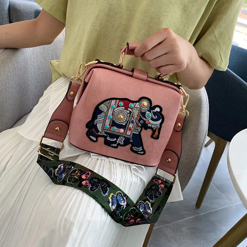 Elephant Embroidered Crossbody Bag PU Leather Handbag