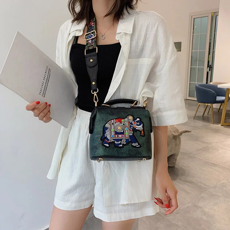 Embroidered Elephant Crossbody Bag Vintage Clutch Tote