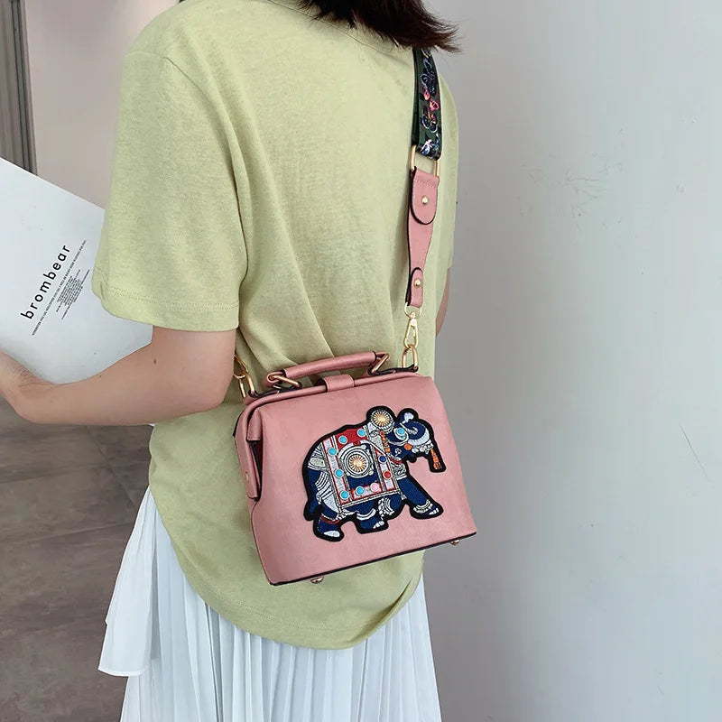 Embroidered Elephant Crossbody Bag Vintage Clutch Tote