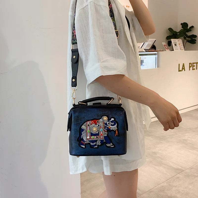 Embroidered Elephant Crossbody Bag Vintage Clutch Tote